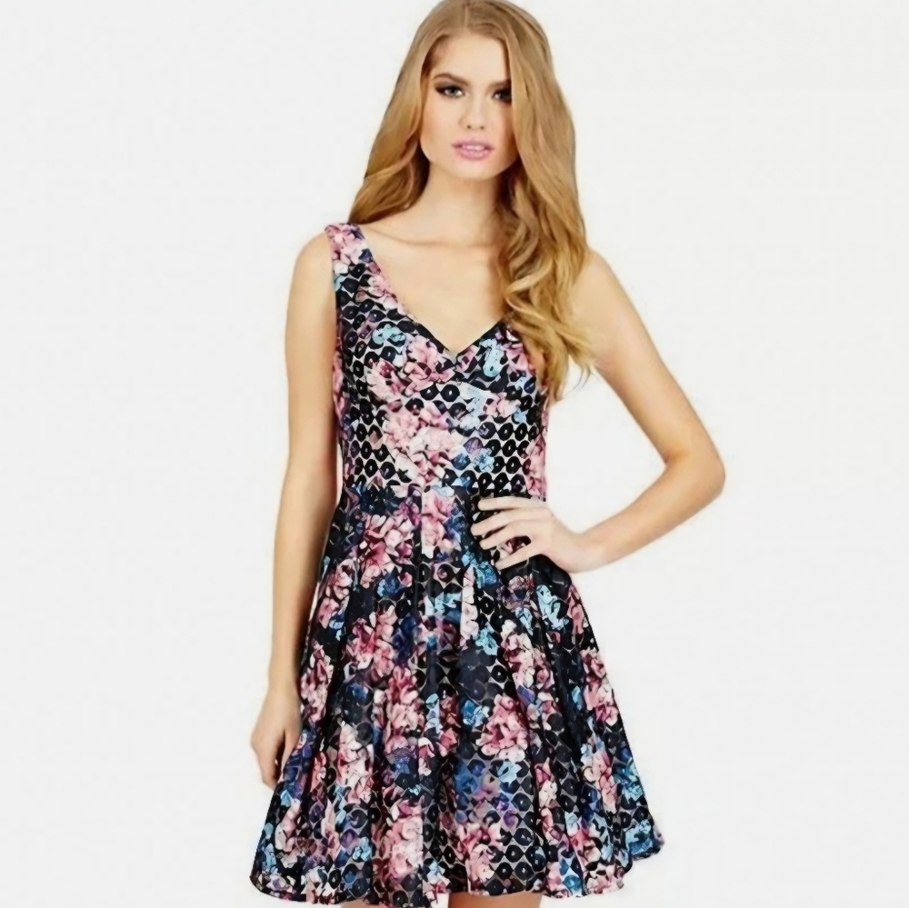 Betsey Johnson Size 4 Black Pink Floral Lace Sleeveless Bow Open Back Mini Dress